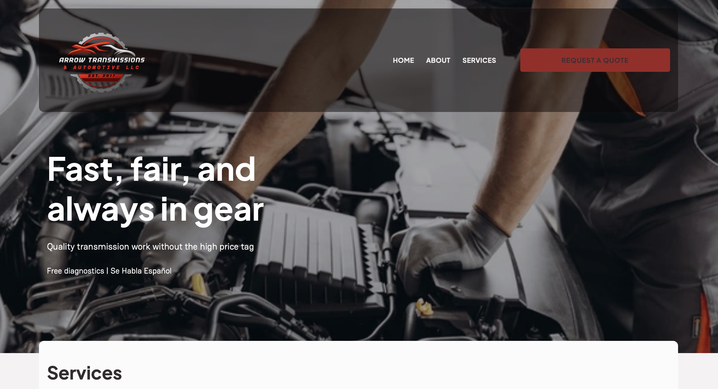 Homepage of transmission repair business website designed by Micah Howard